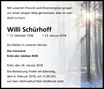 Anzeige von Willi Schürhoff von Kölner Stadt-Anzeiger / Kölnische Rundschau / Express