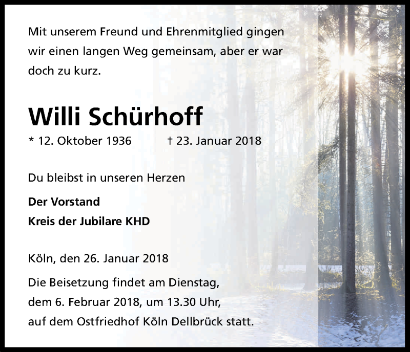  Traueranzeige für Willi Schürhoff vom 03.02.2018 aus Kölner Stadt-Anzeiger / Kölnische Rundschau / Express