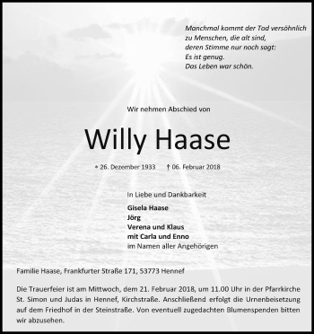 Anzeige von Willy Haase von Kölner Stadt-Anzeiger / Kölnische Rundschau / Express