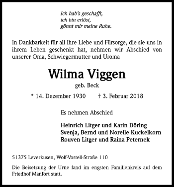 Anzeige von Wilma Viggen von Kölner Stadt-Anzeiger / Kölnische Rundschau / Express