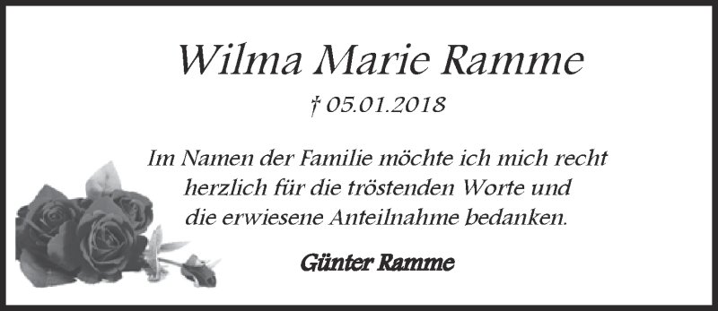  Traueranzeige für Wilma Marie Ramme vom 07.02.2018 aus  Kölner Wochenspiegel 