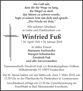 Anzeige von Winfried Fuß von  Blickpunkt Euskirchen 