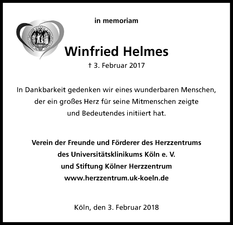  Traueranzeige für Winfried Helmes vom 03.02.2018 aus Kölner Stadt-Anzeiger / Kölnische Rundschau / Express
