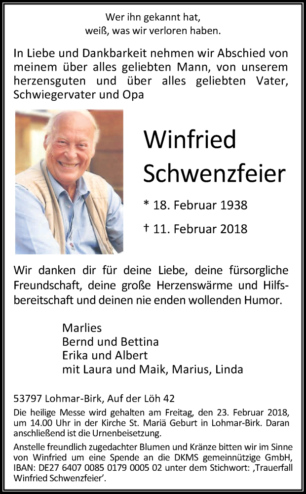  Traueranzeige für Winfried Schwenzfeier vom 17.02.2018 aus Kölner Stadt-Anzeiger / Kölnische Rundschau / Express