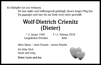 Anzeige von Wolf-Dietrich Crienitz von Kölner Stadt-Anzeiger / Kölnische Rundschau / Express