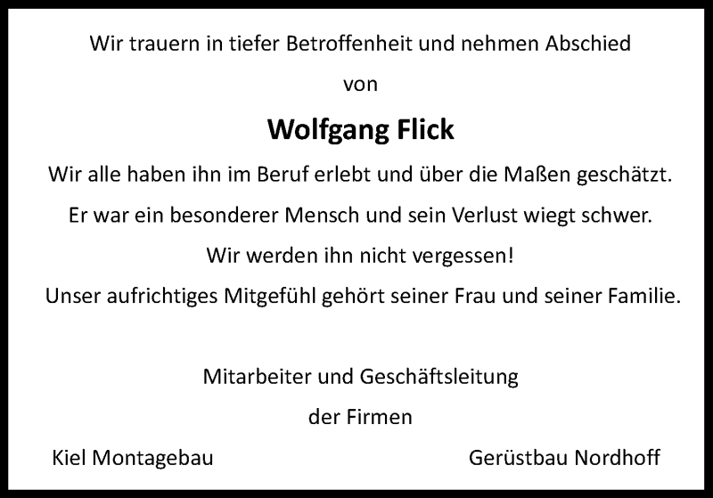  Traueranzeige für Wolfgang Flick vom 03.02.2018 aus Kölner Stadt-Anzeiger / Kölnische Rundschau / Express