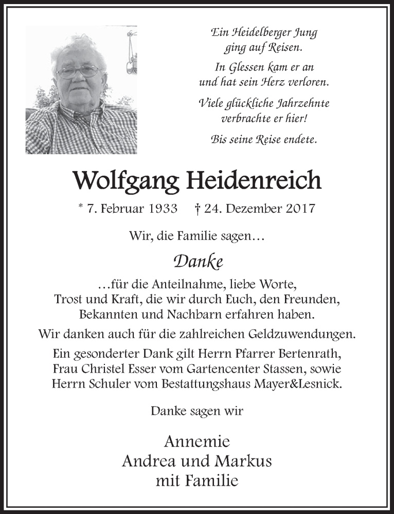  Traueranzeige für Wolfgang Heidenreich vom 03.02.2018 aus  Sonntags-Post 