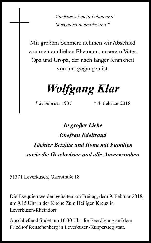  Traueranzeige für Wolfgang Klar vom 07.02.2018 aus Kölner Stadt-Anzeiger / Kölnische Rundschau / Express