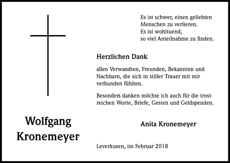  Traueranzeige für Wolfgang Kronemeyer vom 24.02.2018 aus Kölner Stadt-Anzeiger / Kölnische Rundschau / Express