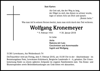 Anzeige von Wolfgang Kronemeyer von Kölner Stadt-Anzeiger / Kölnische Rundschau / Express
