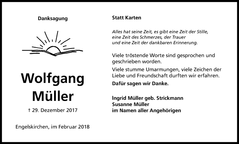  Traueranzeige für Wolfgang Müller vom 07.02.2018 aus Kölner Stadt-Anzeiger / Kölnische Rundschau / Express