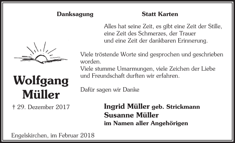  Traueranzeige für Wolfgang Müller vom 07.02.2018 aus  Anzeigen Echo 