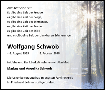 Anzeige von Wolfgang Schwob von Kölner Stadt-Anzeiger / Kölnische Rundschau / Express