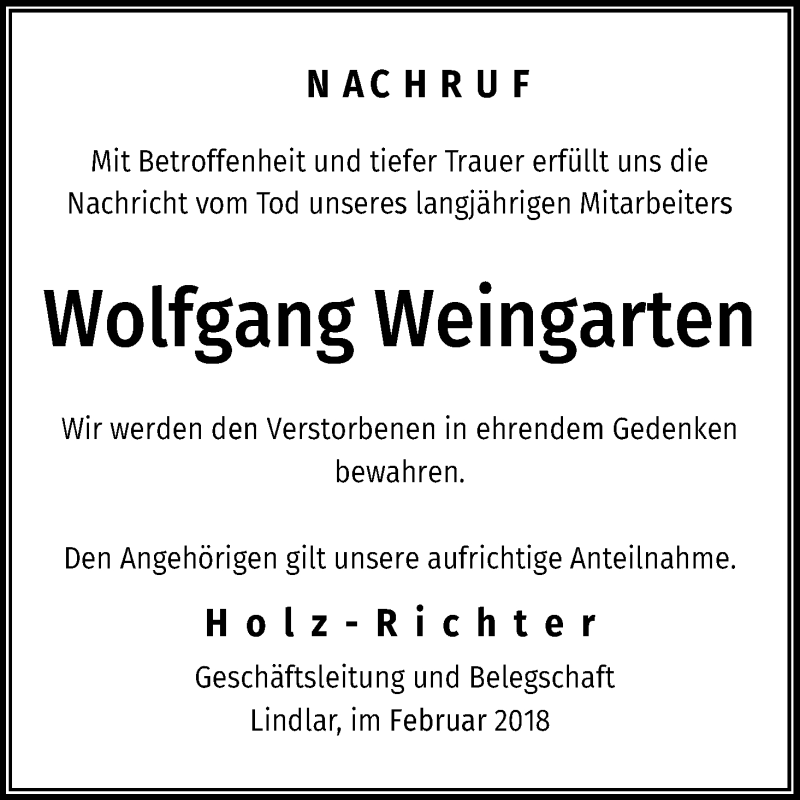  Traueranzeige für Wolfgang Weingarten vom 22.02.2018 aus Kölner Stadt-Anzeiger / Kölnische Rundschau / Express