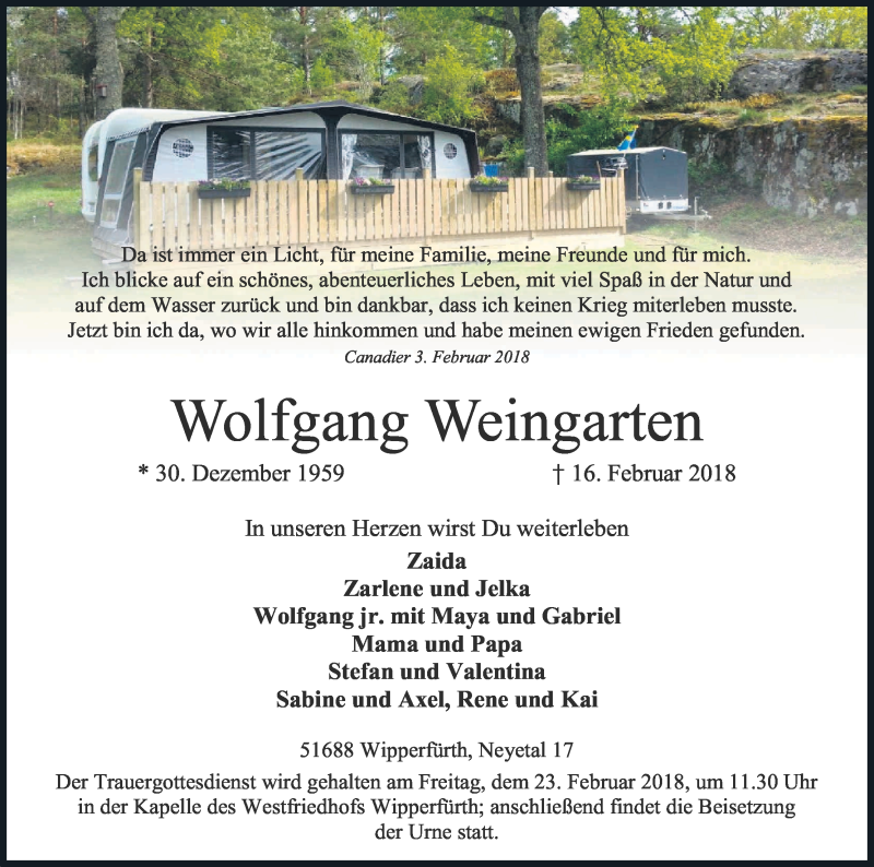  Traueranzeige für Wolfgang Weingarten vom 20.02.2018 aus Kölner Stadt-Anzeiger / Kölnische Rundschau / Express