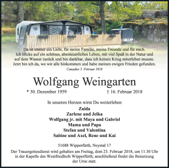 Anzeige von Wolfgang Weingarten von Kölner Stadt-Anzeiger / Kölnische Rundschau / Express