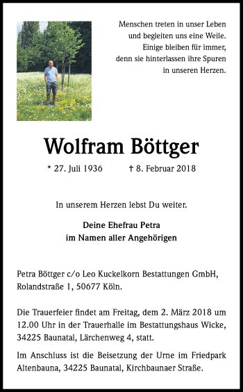 Anzeige von Wolfram Böttger von Kölner Stadt-Anzeiger / Kölnische Rundschau / Express