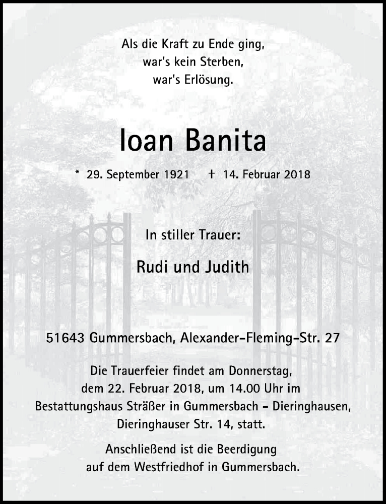  Traueranzeige für loan Banita vom 21.02.2018 aus  Anzeigen Echo 