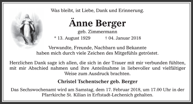  Traueranzeige für Änne Berger vom 14.02.2018 aus  Werbepost 