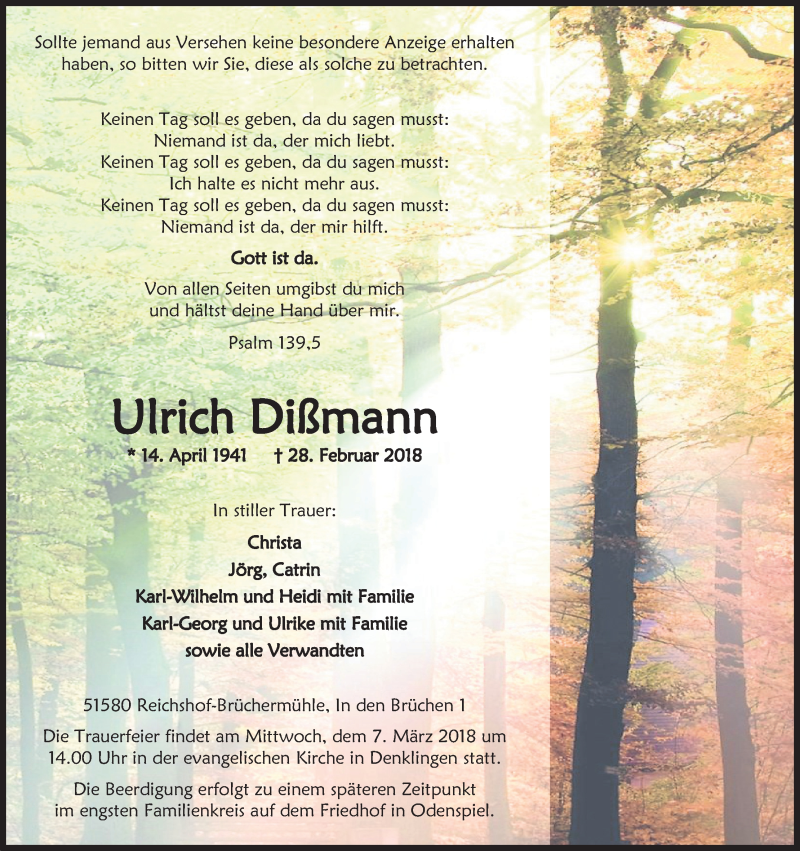  Traueranzeige für Ulrich Dißmann vom 02.03.2018 aus Kölner Stadt-Anzeiger / Kölnische Rundschau / Express