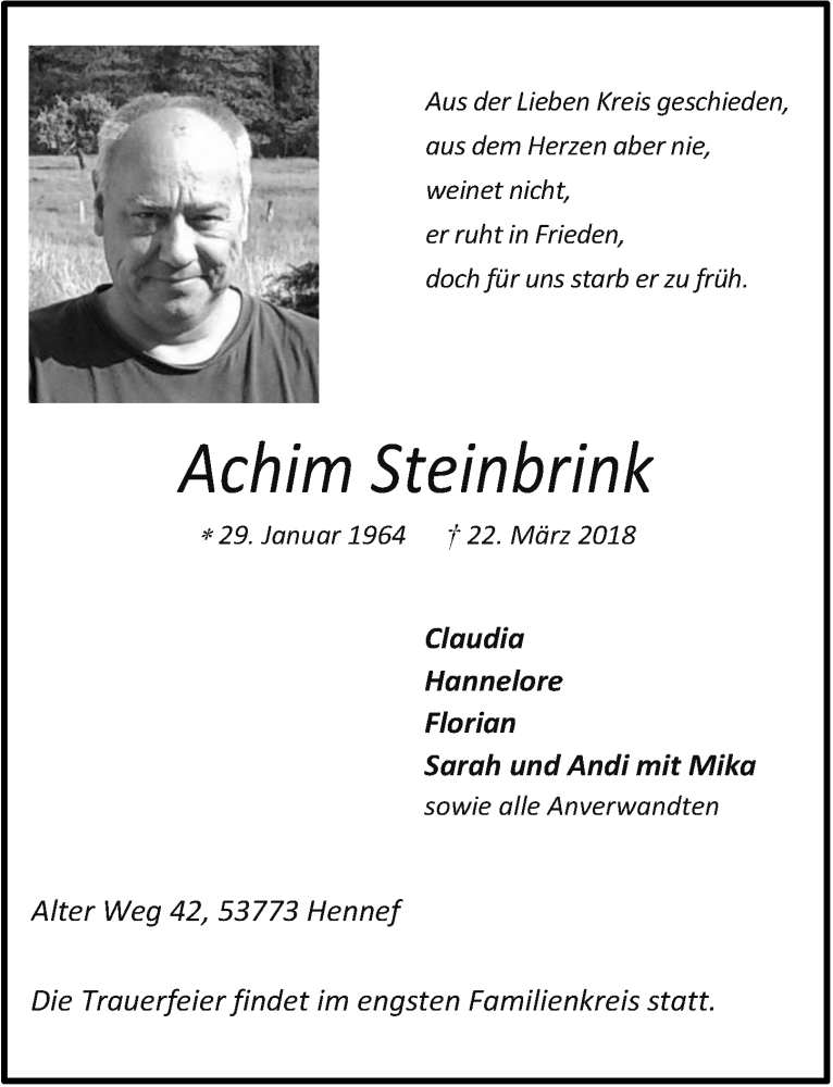  Traueranzeige für Achim Steinbrink vom 28.03.2018 aus  Extra Blatt 