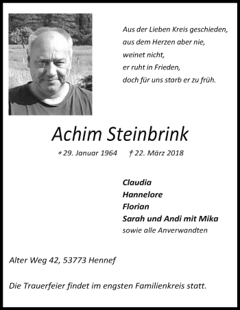 Anzeige von Achim Steinbrink von Kölner Stadt-Anzeiger / Kölnische Rundschau / Express