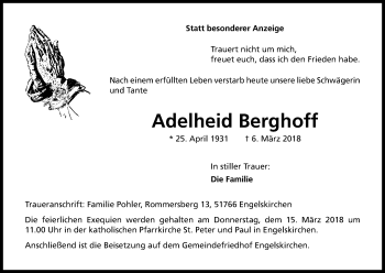 Anzeige von Adelheid Berghoff von Kölner Stadt-Anzeiger / Kölnische Rundschau / Express