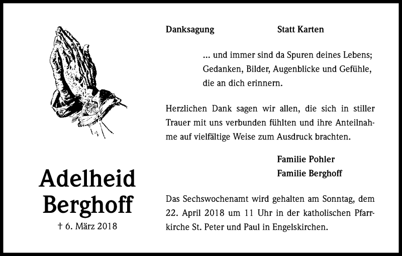 Traueranzeige für Adelheid Berghoff vom 29.03.2018 aus Kölner Stadt-Anzeiger / Kölnische Rundschau / Express