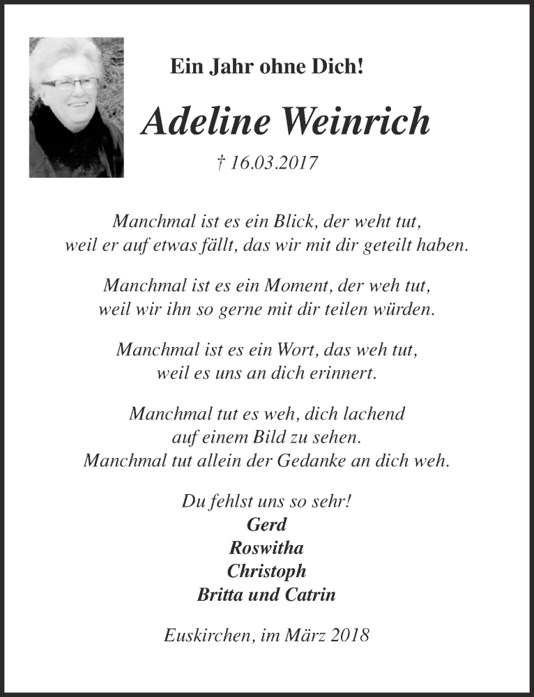  Traueranzeige für Adeline Weinrich vom 17.03.2018 aus  Blickpunkt Euskirchen 