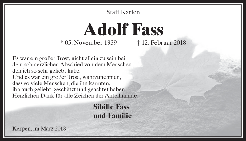  Traueranzeige für Adolf Fass vom 07.03.2018 aus  Werbepost 