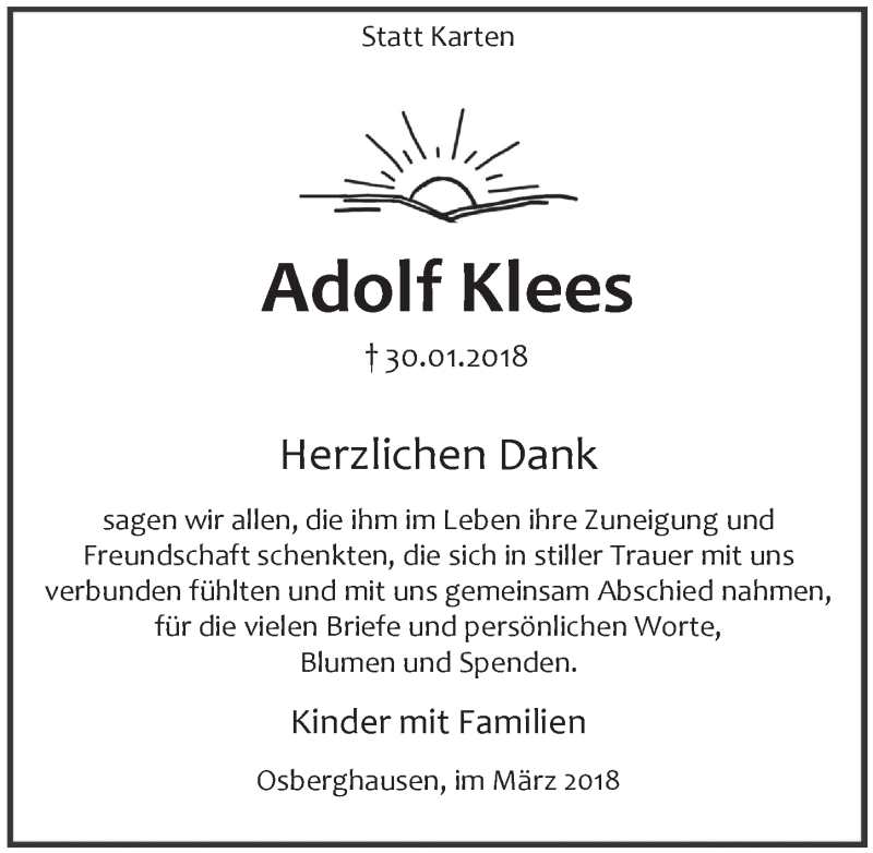  Traueranzeige für Adolf Klees vom 07.03.2018 aus  Anzeigen Echo 