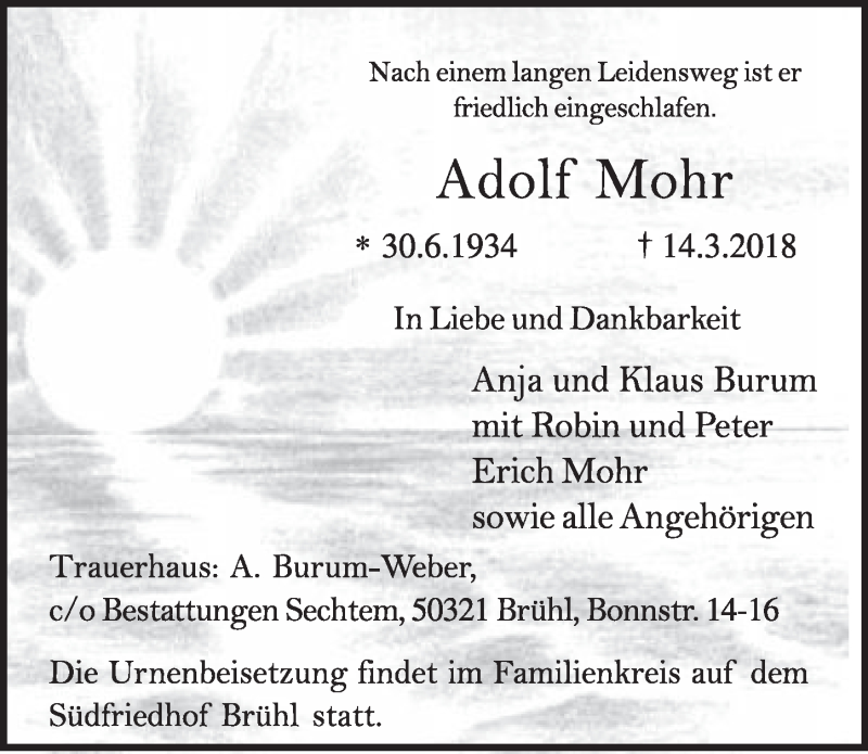  Traueranzeige für Adolf Mohr vom 21.03.2018 aus  Schlossbote/Werbekurier 