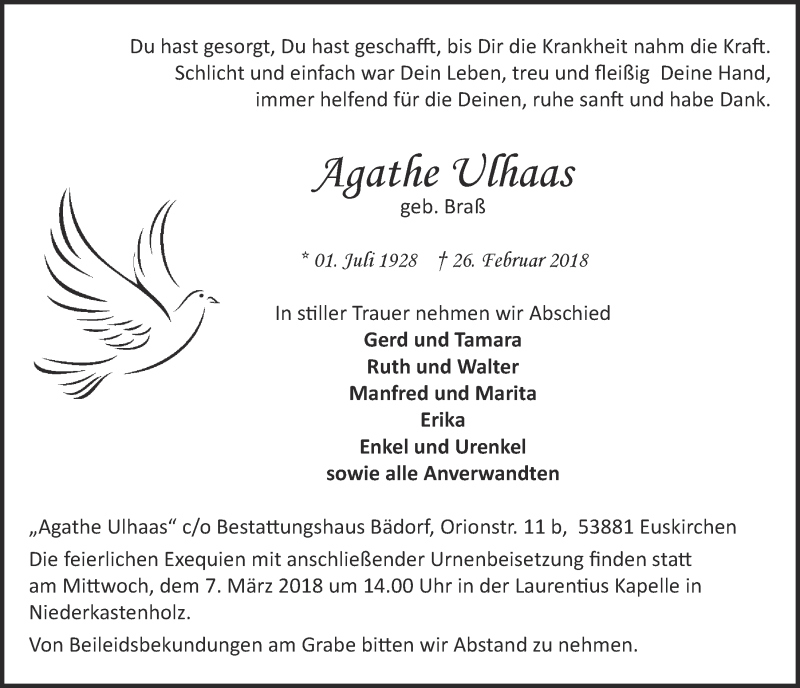  Traueranzeige für Agathe Ulhaas vom 03.03.2018 aus  Blickpunkt Euskirchen 