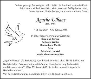 Anzeige von Agathe Ulhaas von  Blickpunkt Euskirchen 