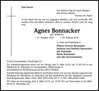 Anzeige von Agnes Bonnacker von Kölner Stadt-Anzeiger / Kölnische Rundschau / Express