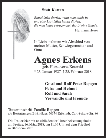 Anzeige von Agnes Erkens von  Werbepost 