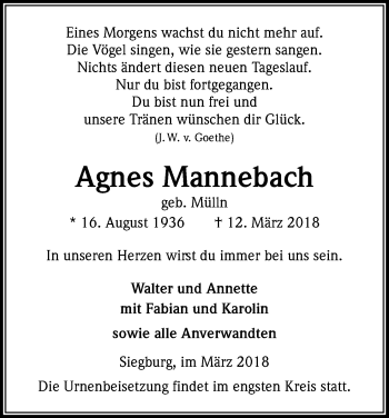 Anzeige von Agnes Mannebach von Kölner Stadt-Anzeiger / Kölnische Rundschau / Express