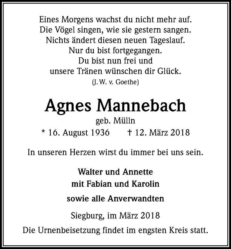  Traueranzeige für Agnes Mannebach vom 28.03.2018 aus Kölner Stadt-Anzeiger / Kölnische Rundschau / Express