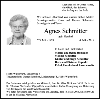 Anzeige von Agnes Schmitter von Kölner Stadt-Anzeiger / Kölnische Rundschau / Express
