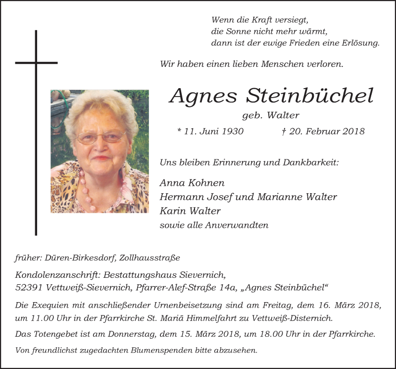  Traueranzeige für Agnes Steinbüchel vom 10.03.2018 aus  Blickpunkt Euskirchen 