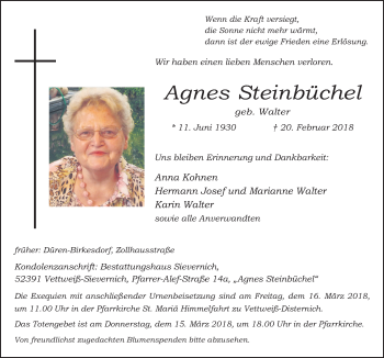 Anzeige von Agnes Steinbüchel von  Blickpunkt Euskirchen 