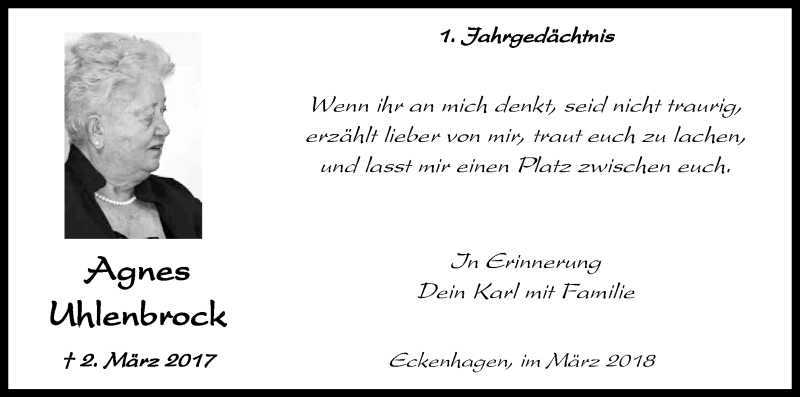  Traueranzeige für Agnes Uhlenbrock vom 02.03.2018 aus Kölner Stadt-Anzeiger / Kölnische Rundschau / Express
