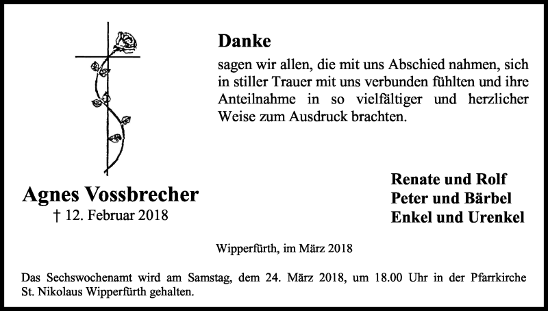 Traueranzeige für Agnes Vossbrecher vom 17.03.2018 aus Kölner Stadt-Anzeiger / Kölnische Rundschau / Express