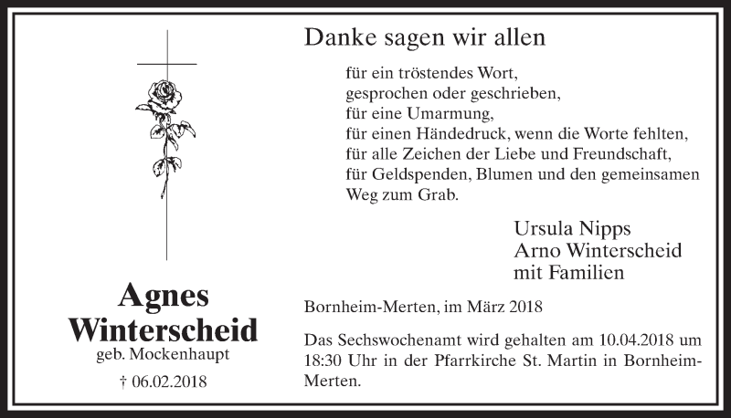  Traueranzeige für Agnes Winterscheid vom 28.03.2018 aus  Schlossbote/Werbekurier 