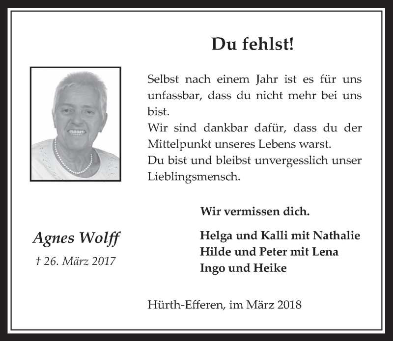  Traueranzeige für Agnes Wolff vom 28.03.2018 aus  Wochenende 