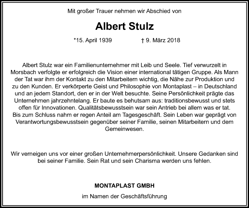  Traueranzeige für Albert Stulz vom 17.03.2018 aus Kölner Stadt-Anzeiger / Kölnische Rundschau / Express
