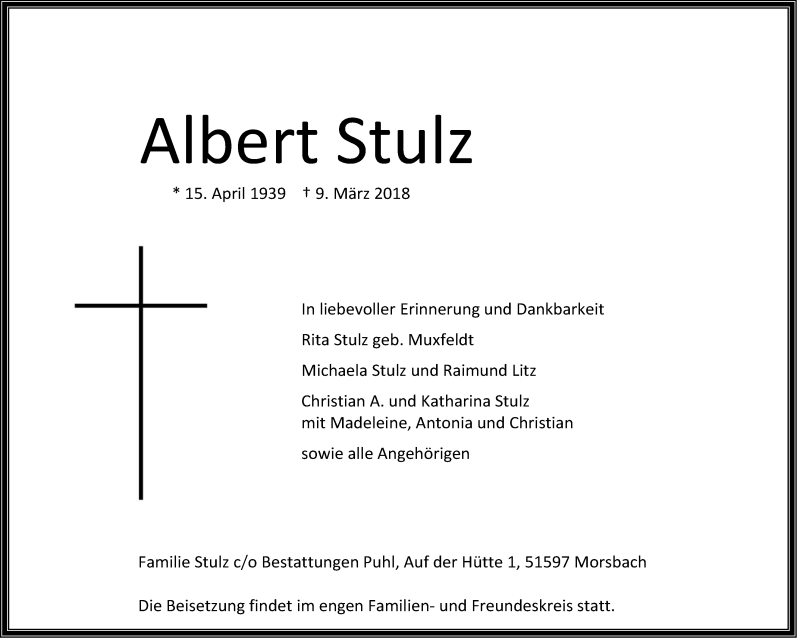  Traueranzeige für Albert Stulz vom 14.03.2018 aus  Lokalanzeiger 