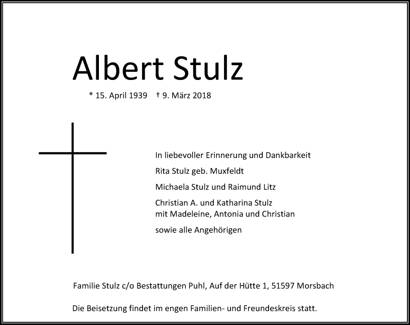  Traueranzeige für Albert Stulz vom 13.03.2018 aus Kölner Stadt-Anzeiger / Kölnische Rundschau / Express