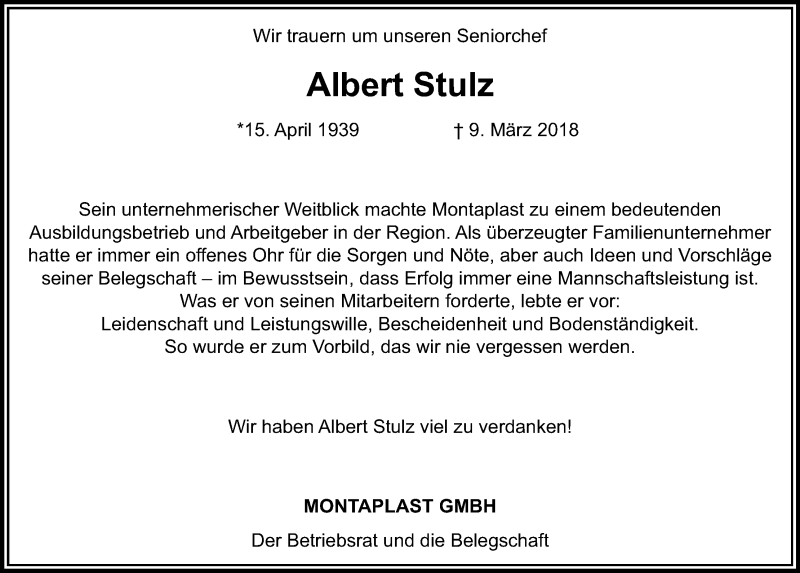  Traueranzeige für Albert Stulz vom 17.03.2018 aus Kölner Stadt-Anzeiger / Kölnische Rundschau / Express