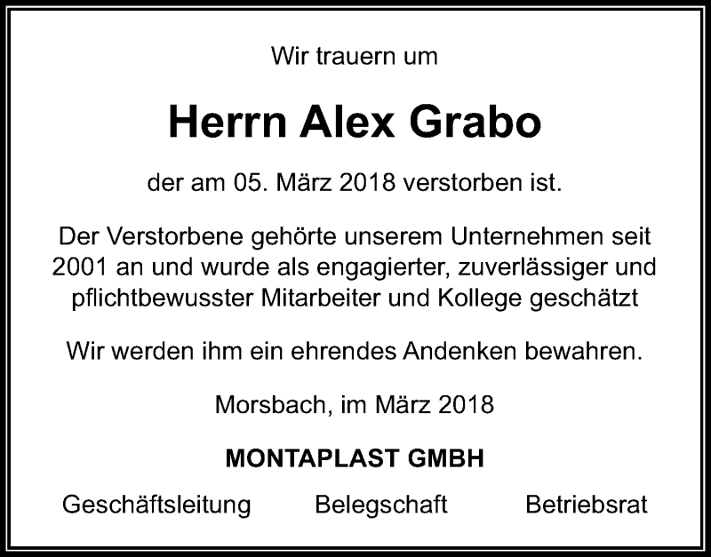  Traueranzeige für Alex Grabo vom 10.03.2018 aus Kölner Stadt-Anzeiger / Kölnische Rundschau / Express